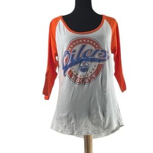 New Era Oilers NHL hockey team logo shirt 3/4 sleeve scoop neck hockey fan sz lg